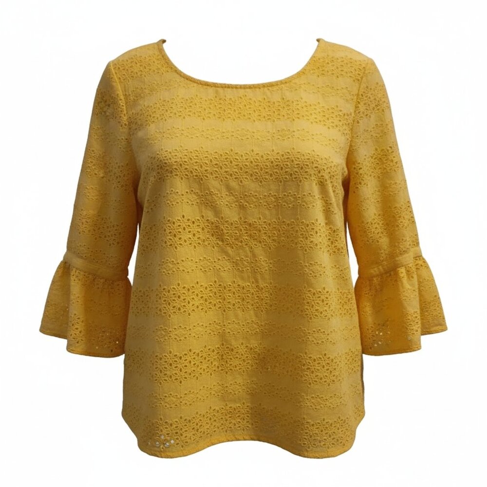 Talbots Petite Yellow Eyelet Lace Blouse PS Bell Sleeve Cotton Spring Summer